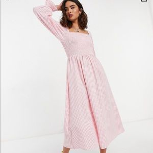 Pink Gingham Shirred Square Neck Midi Dress